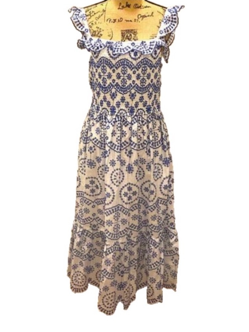 Crown & Ivy Blue White Scalloped Eyelet Midi/Maxi Dress L Excellent Condition
